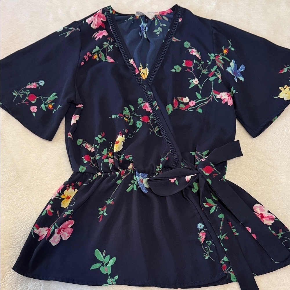 Sienna Sky Navy Blue Multicolored Floral Print Faux Wrap Top - Picture 8 of 11